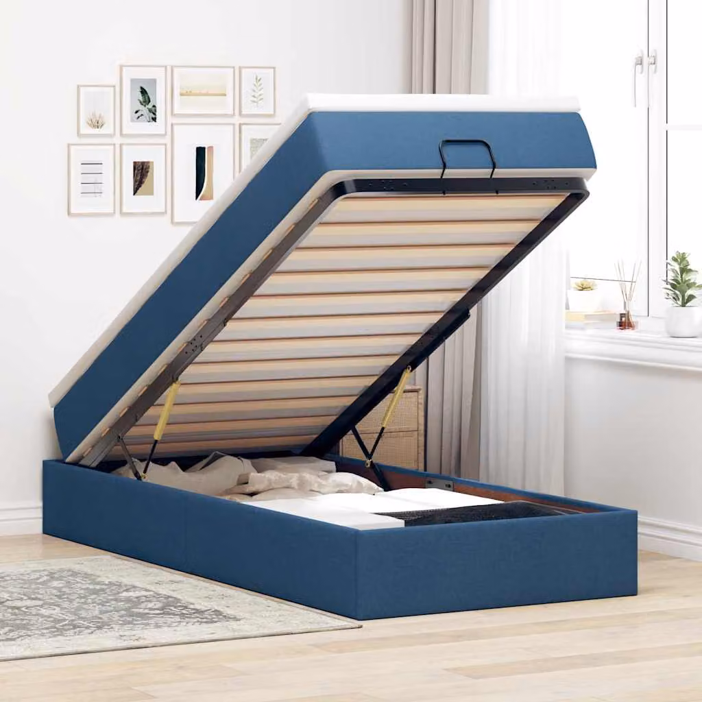 Letto con Pouf e Materasso vidaXL Blu e Bianco, Struttura con Base a Sollevamento, L 90 x P 200 x H 140 cm – 1