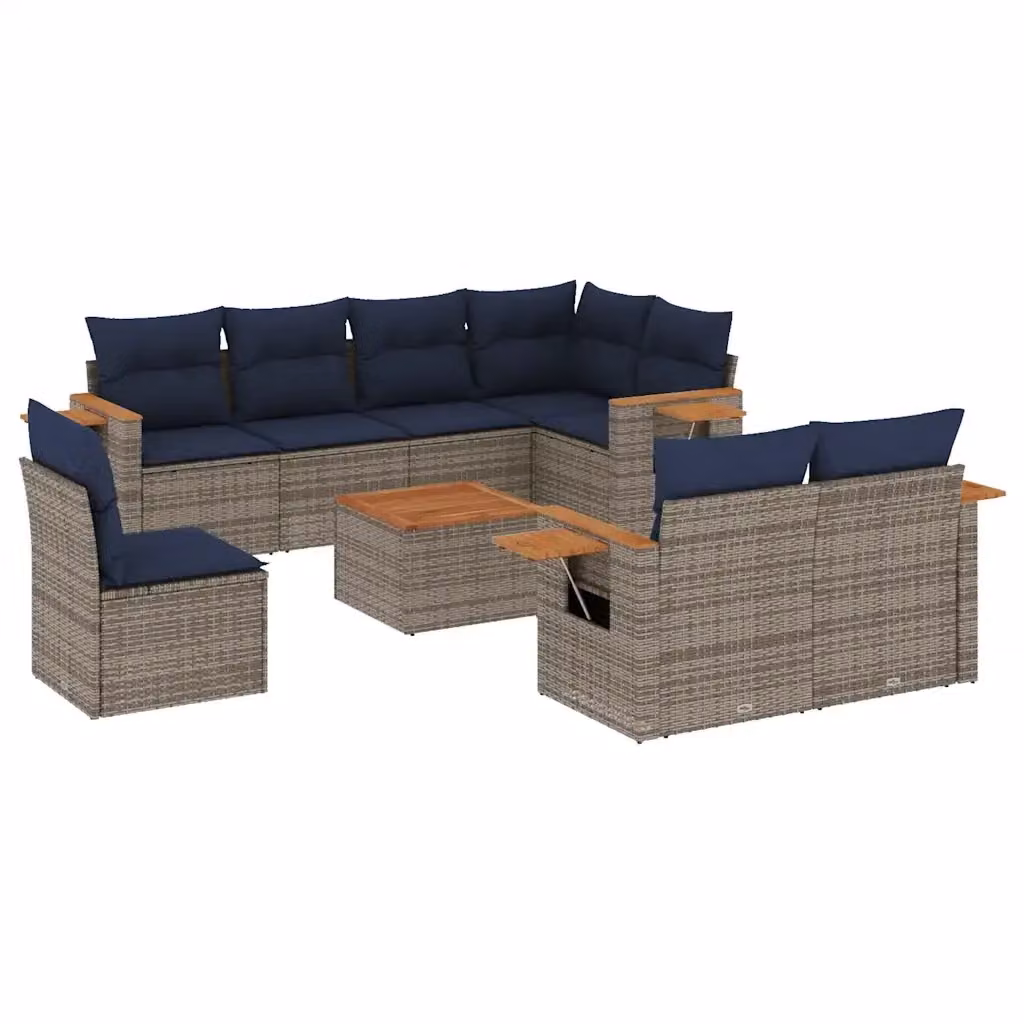vidaXL Set Divani da Giardino a L 9 pz in Polyrattan con Cuscini Blu e Grigio e Tavolino da Esterno – 2
