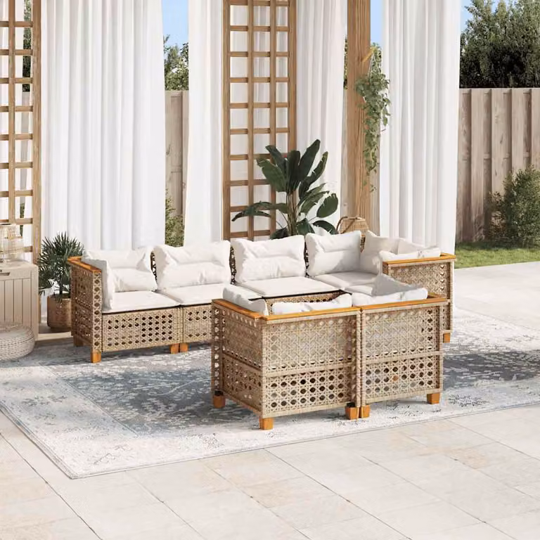 vidaXL Set Divani da Giardino 7 pz in Polyrattan con Cuscini Beige e Struttura in Legno di Acacia