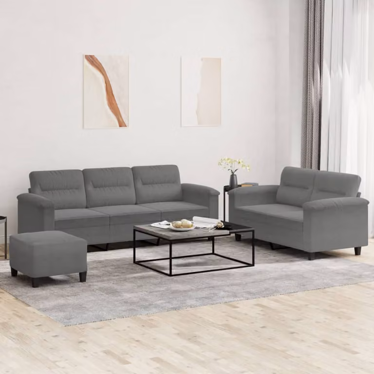 Set di Divani vidaXL 3 Pezzi con Pouf in Microfibra Grigio Moderno
