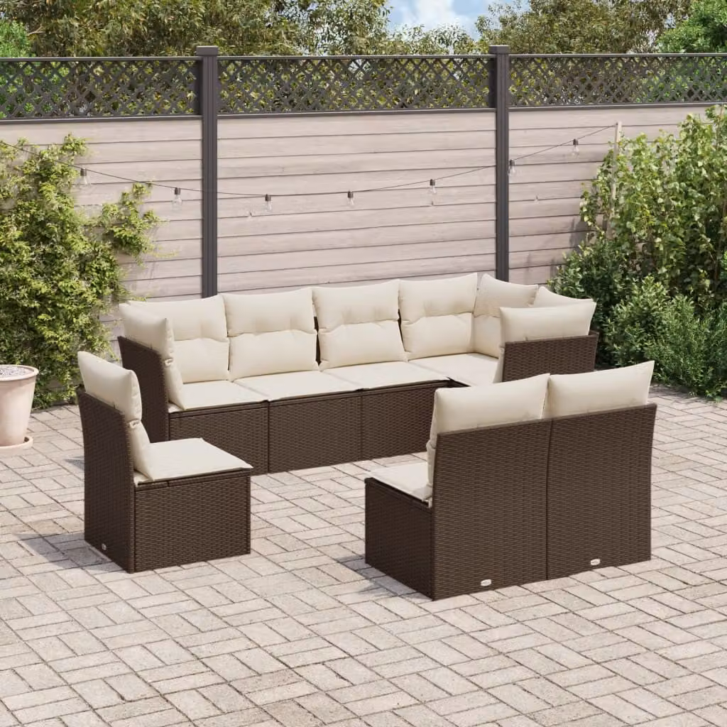 vidaXL Set Divani da Giardino 8 pz a Forma a L in Polyrattan Marrone con Cuscini Bianchi – 1