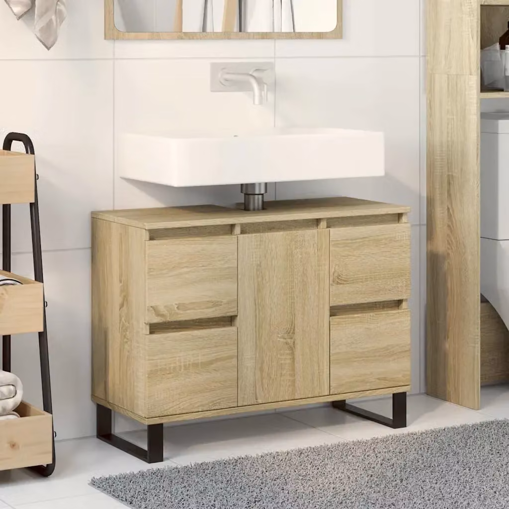 Mobile da bagno sospeso in stile industrial con ante e cassetti, finitura rovere opaco, L: 80 cm, P: 33 cm, H: 60 cm – 2
