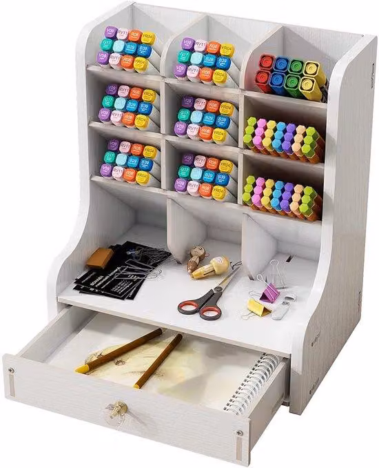 Organizer da ufficio in legno - Accessorio multifunzionale per l'ufficio - Scatola per penne stilografiche per la casa o la scuola - Scaffale impilabile con cassetto (bianco)