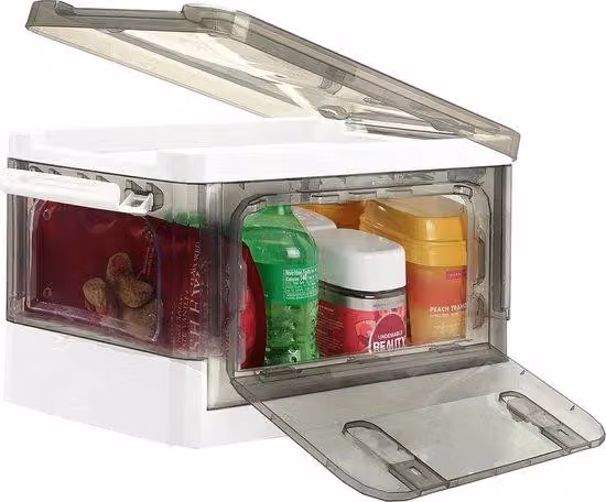 Scatole organizer impilabili da 14 litri, trasparenti, grigie, bianche, con rotelle