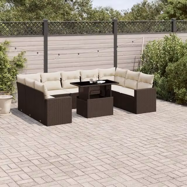Set Divani da Giardino 10pz con Cuscini in Polyrattan Marrone 3267483