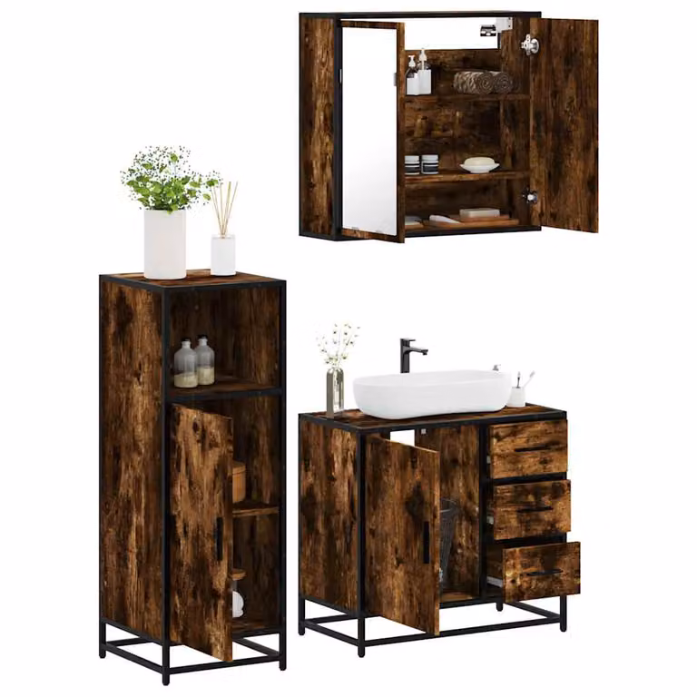 Set di mobili da bagno vidaXL in stile industriale composto da 3 pezzi in legno, metallo e vetro, colore marrone con illuminazione LED e armadietto con specchio