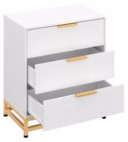 Comodino con cassetti, mobiletto laterale, versatile, capiente, colore bianco, realizzato in materiale composito di legno (MDF/pannello truciolare), con struttura in metallo robusta