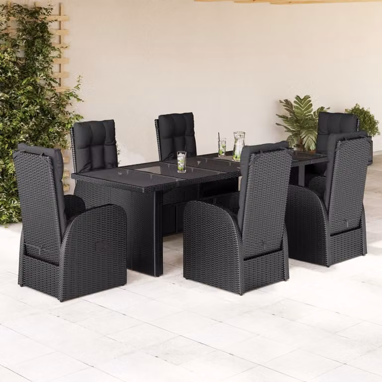 Set da Pranzo da Giardino vidaXL 7 pz in Polyrattan Nero con Piano in Vetro