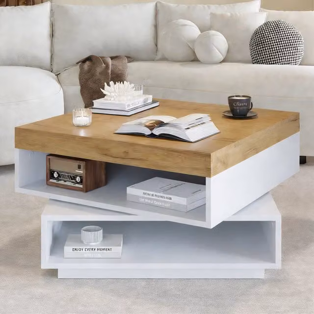Tavolino da Caffè Quadrato 65x65x40cm, Girevole 360° con Luci LED e Vano Aperto, Bianco e Legno, per Soggiorno e Piccoli Spazi