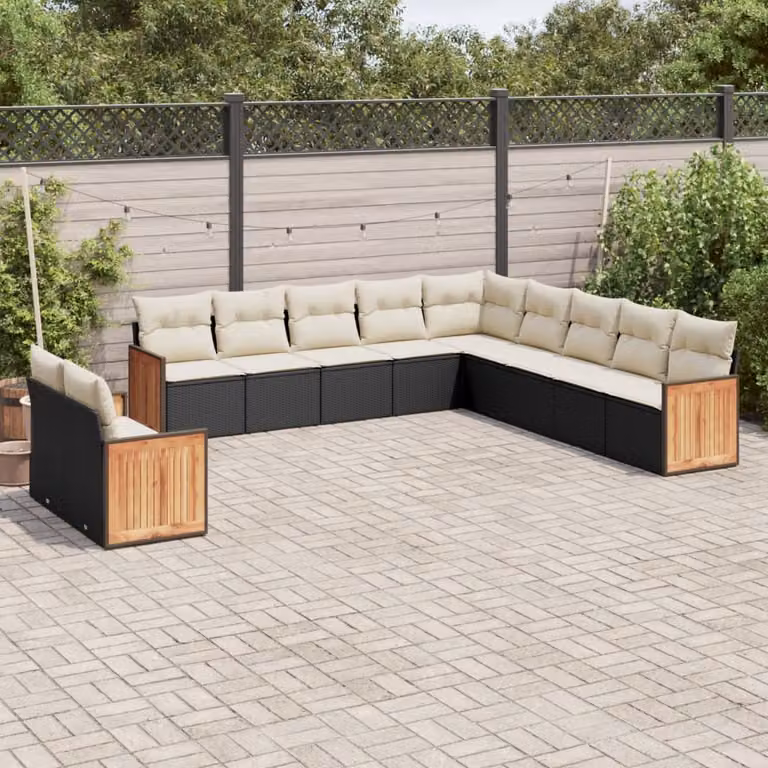 vidaXL Set Divani da Giardino a L 11 pz con Cuscini in Polyrattan e Legno di Acacia Nero e Bianco