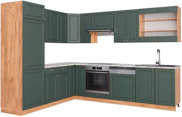 Cucina angolare completa Fame-Line Verde-oro rustico/Rovere dorato 287 x 227 cm, PL Marmo Vicco