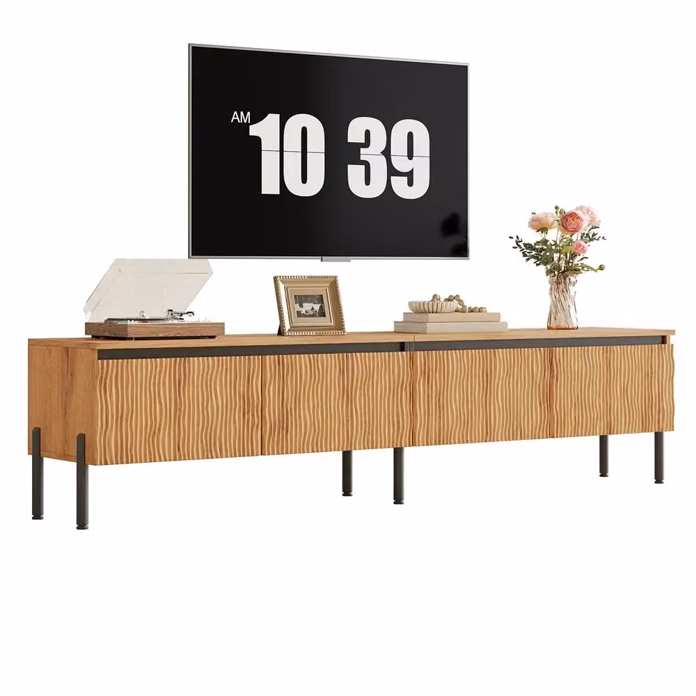 Mobile TV Minimal con ante e spazio di archiviazione, Colore Rovere e Beige, in MDF e Metallo, L: 180 cm, P: 43 cm, H: 35 cm – 2