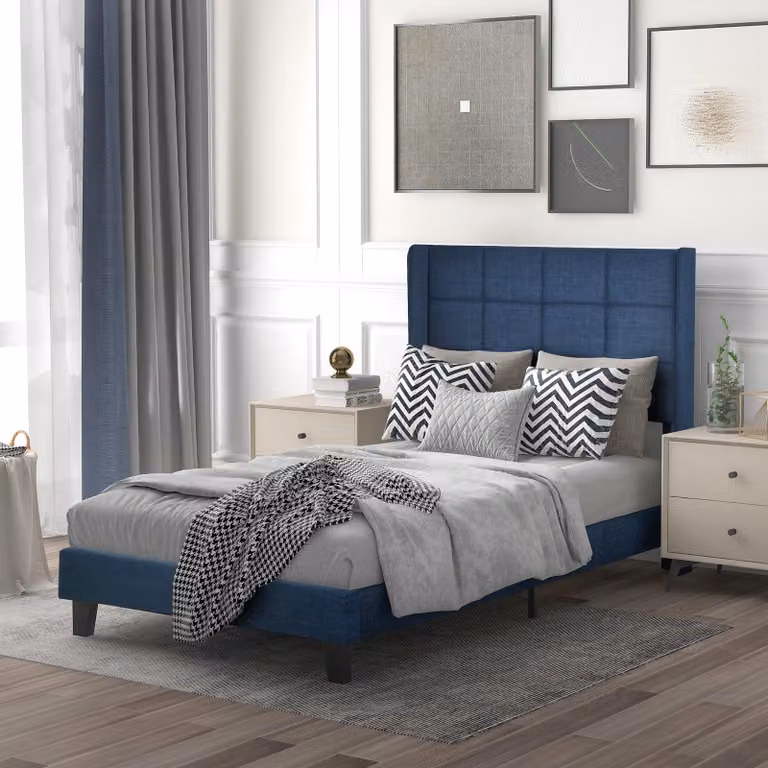Letto imbottito Sweiko letto matrimoniale classico 90x200 cm con rete a doghe in legno e testiera, blu