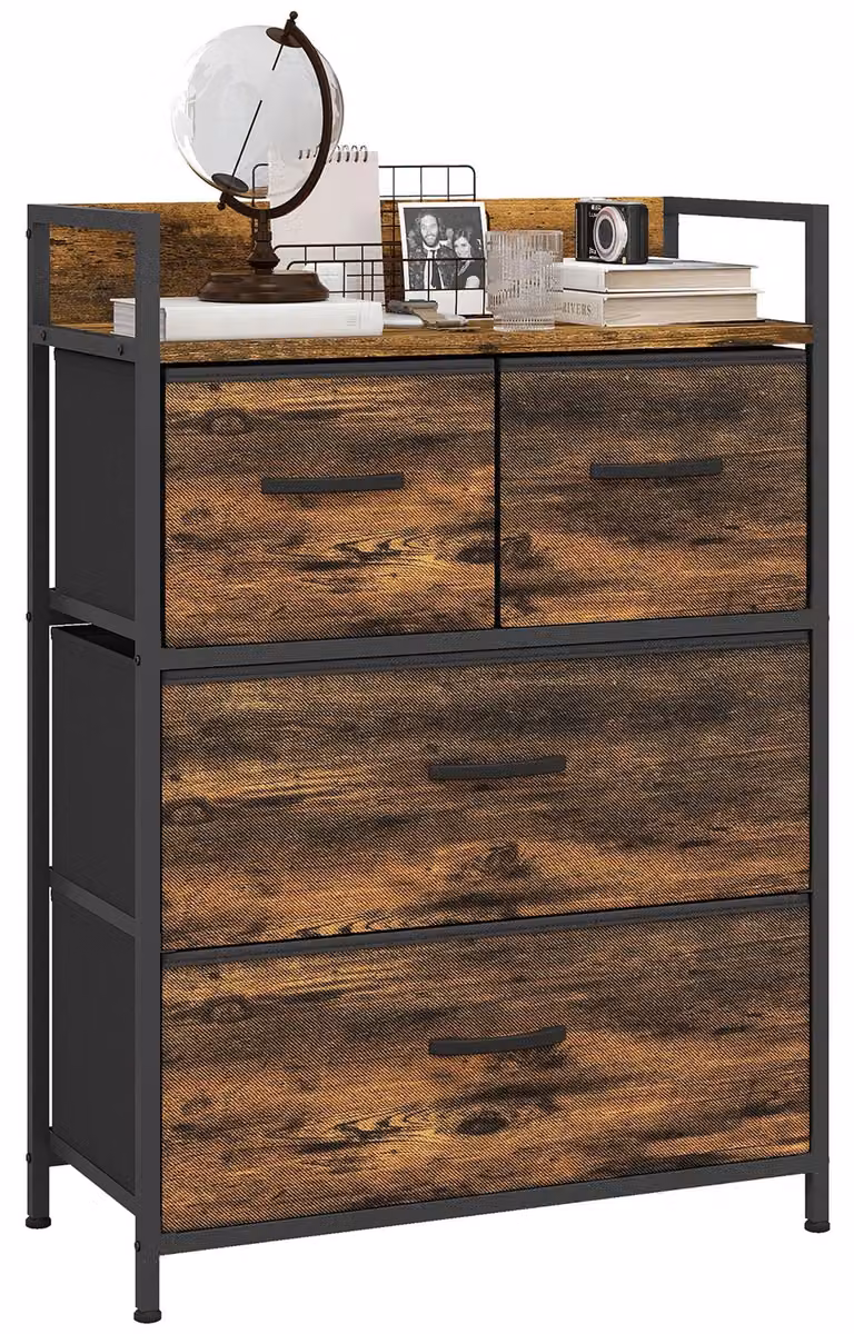 Cassettiera 4 Cassetti Design Industriale 60x29x85 cm in Acciaio Legno e Tessuto Marrone e Nero