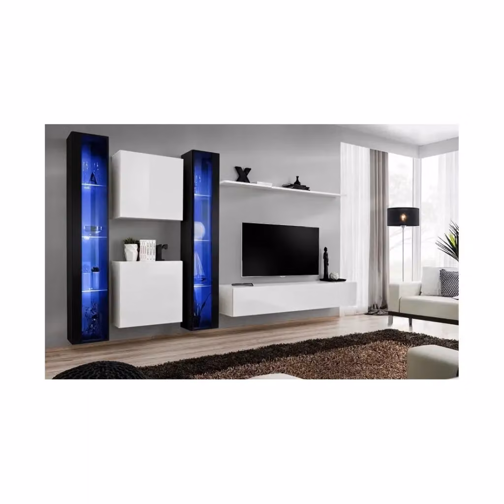 Composizione murale SWITCH XVI Meublorama per soggiorno con mobile TV, vetrine LED e scaffali, finitura bianco e nero lucido, L: 330 cm, H: 180 cm, P: 40 cm – 2