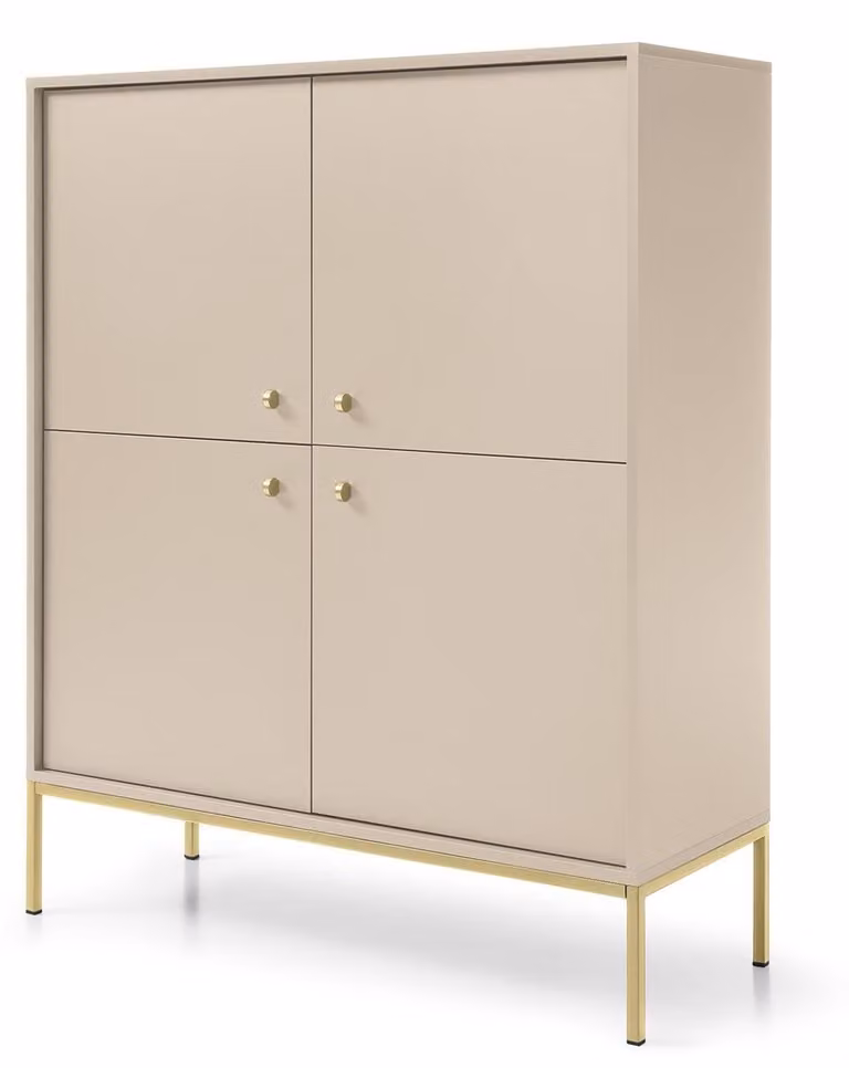 Comò a quattro ante, beige, maniglie dorate, 104 x 39 x 126 cm