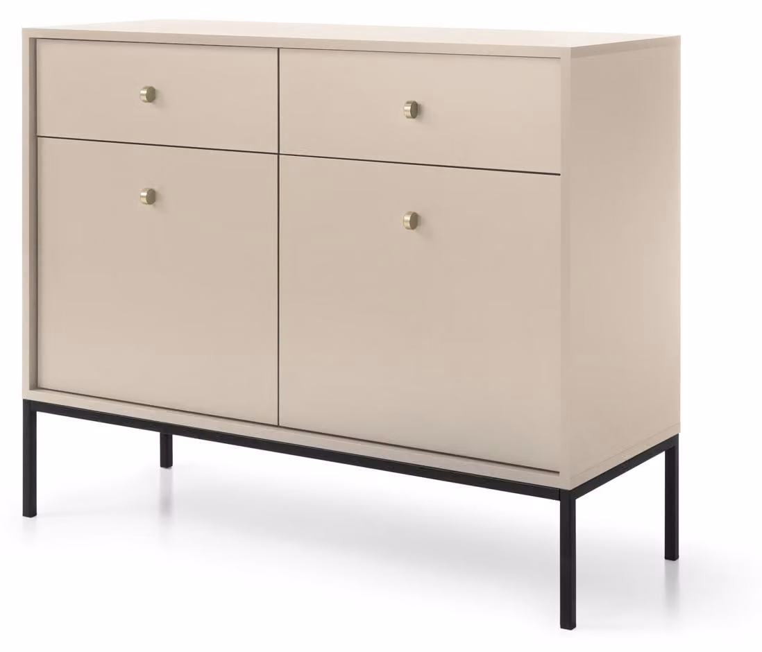 Comodino con due cassetti e due ante, color beige, maniglie nere