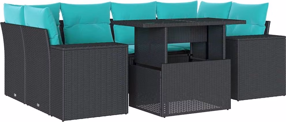 set di divani da giardino 7 pezzi con cuscini, polyrattan nero