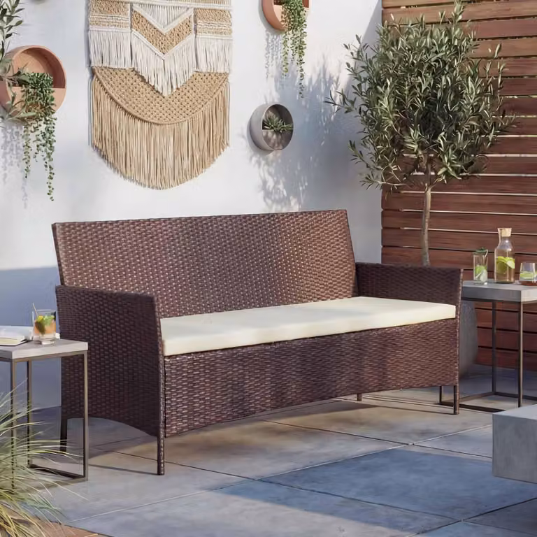 panca da giardino a 3 posti in poly-rattan Halden, panca ~ marrone screziato, cuscini crema