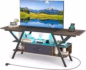 Mobile Porta TV Moderno COSTWAY con Luci LED Regolabili e Stazione di Ricarica, Consolle Media Marrone con 3 Ripiani e Cassetto per Schermi fino a 65 pollici, L 140 x P 40 x H 54 cm