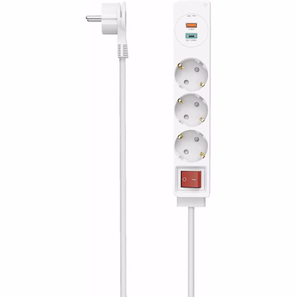 Hama Steckdosenleiste, 3-fach, USB-C/A 18W, PD/QC, Schalter, Flachst., 1,4 m, W (00223185)