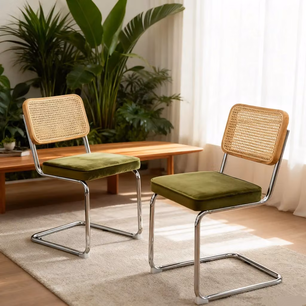 Set di 2 Sedie da Pranzo MINIMAL in Velluto e Rattan con Gambe in Metallo Cromato, Design Moderno Mid-Century, Colore Verde – 2
