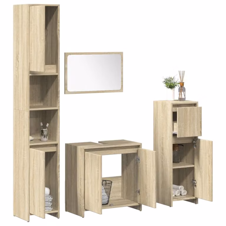Set di mobili da bagno moderno vidaXL in legno e vetro, colore marrone e beige, composto da mobile lavabo, armadietto con specchio e colonna alta