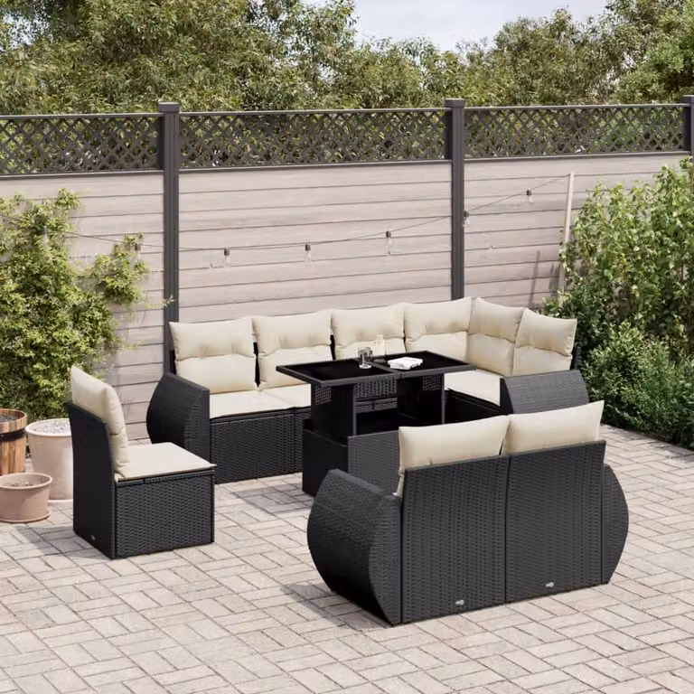 Set di divani da giardino vidaXL in polyrattan nero con cuscini e tavolino da esterno a forma di L