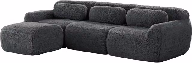 Divano modulare angolare a L in tessuto peluche grigio, senza telaio, con cuscini, pronto all'uso