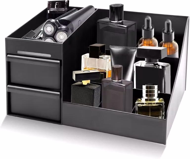 Piattaforma portaoggetti per il bagno, organizer per profumi, in acrilico, 28,5x12,5x17,5 cm, colore nero