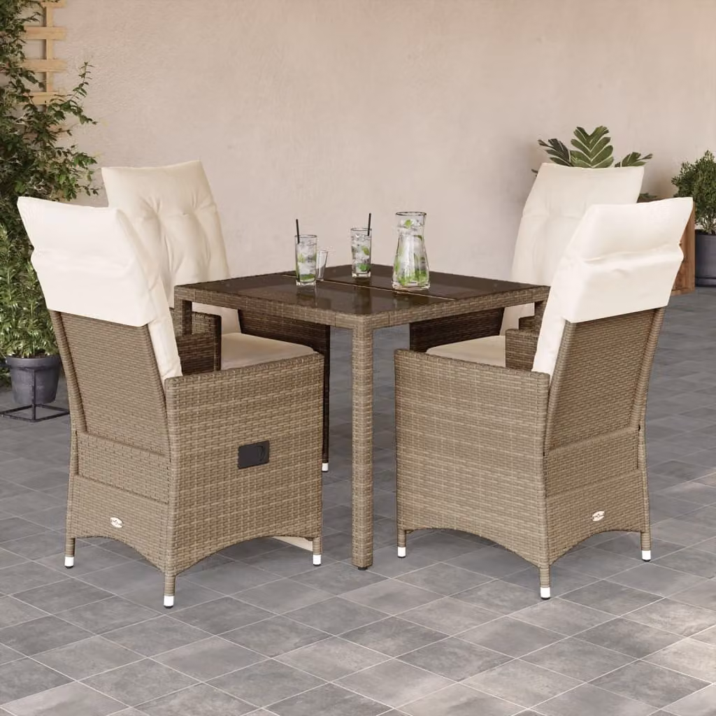 Set da Pranzo da Giardino vidaXL in Polyrattan con Cuscini Beige e Tavolo in Vetro per 5 Persone – 1
