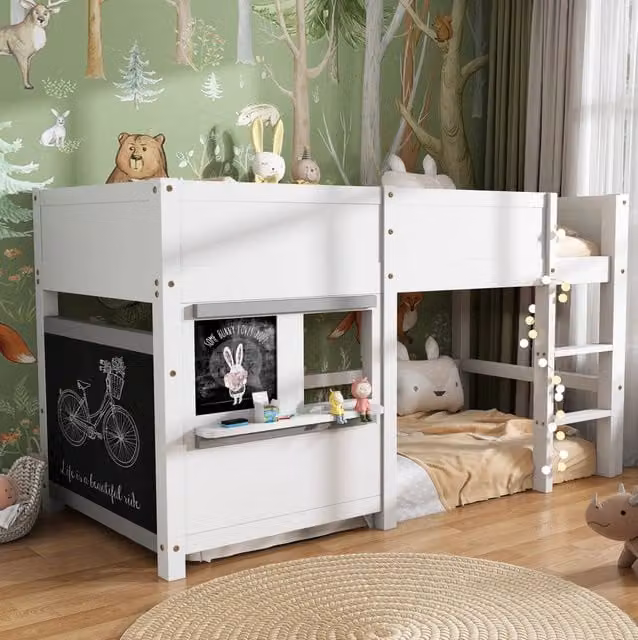Letto a castello per bambini 90x200 cm bianco con lavagna e portaoggetti, struttura in pino