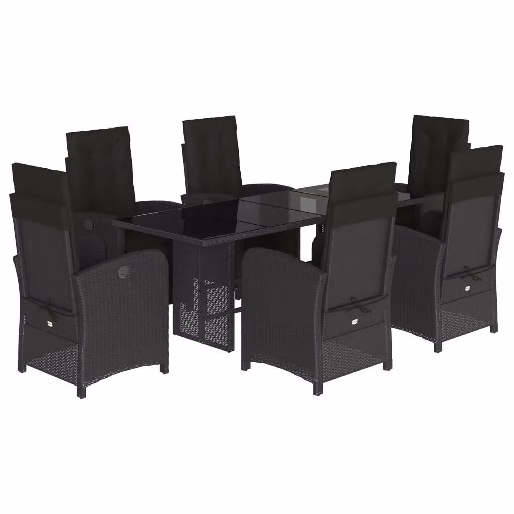 Set da pranzo da giardino vidaXL in polyrattan nero con cuscini e tavolo in vetro, 7 pezzi – 2