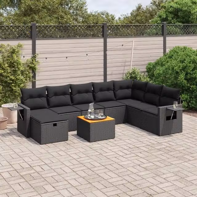 Set Divani da Giardino 9 pz con Cuscini Nero in Polyrattan 3264982