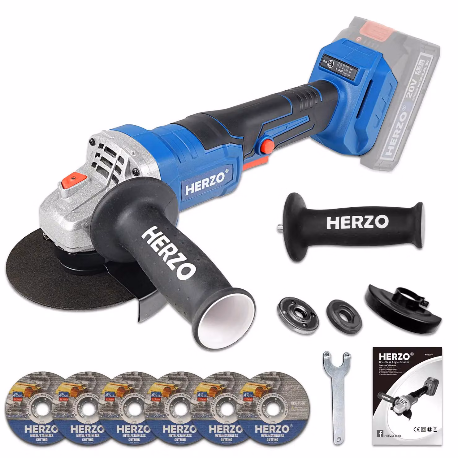 Smerigliatrice angolare a batteria - HAG20V - 20 V - Motore brushless - 125 mm - 9300 giri/min - Disco abrasivo - Blu
