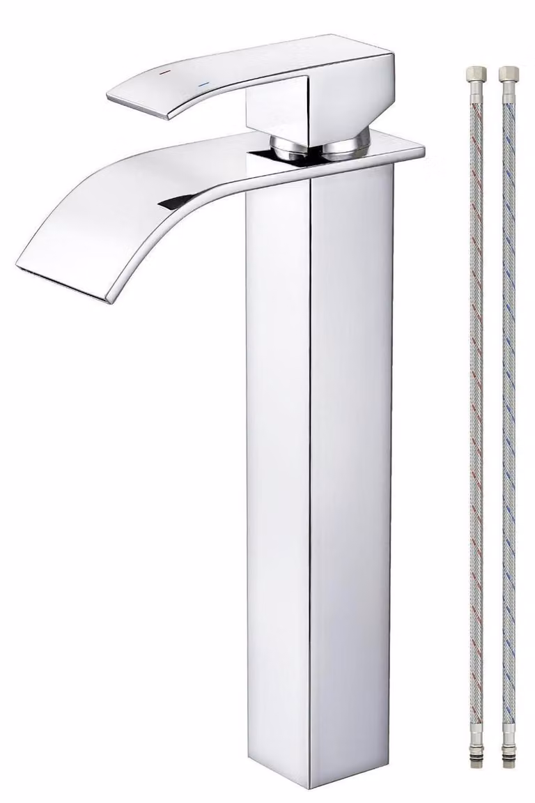 Miscelatore monocomando per lavabo, acciaio inossidabile, finitura cromata, con erogatore a cascata, altezza 224 mm