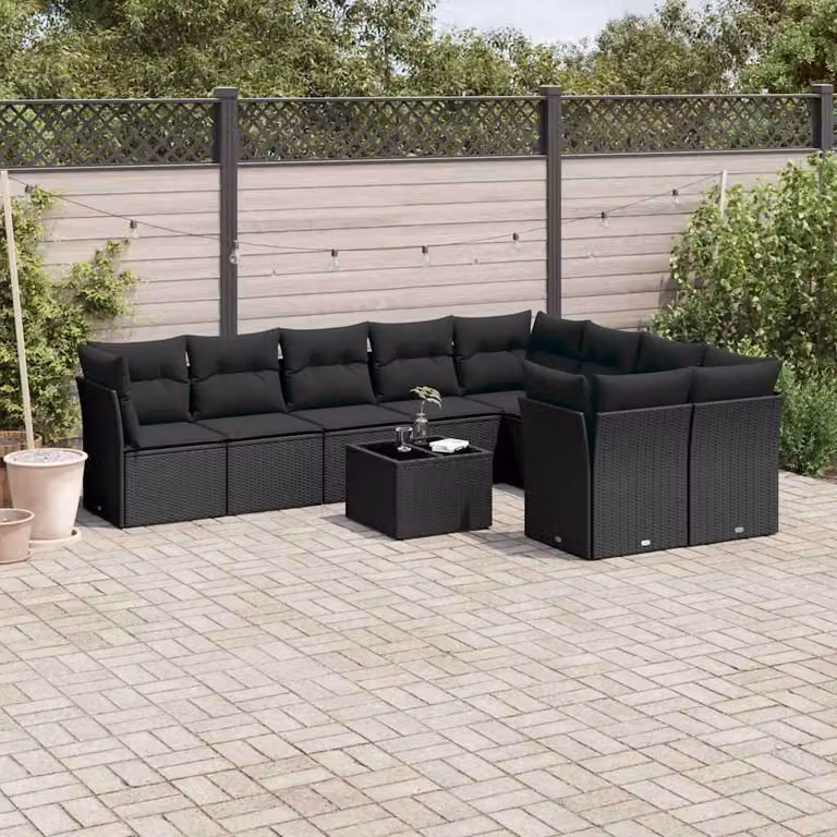 vidaXL Set Divani da Giardino 10 Pezzi con Tavolino e Cuscini Neri in Polyrattan e Acciaio