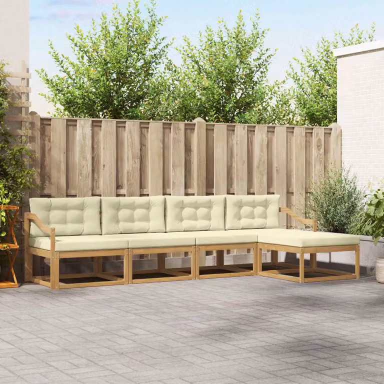 Set di divani da esterno a L vidaXL in legno di acacia con pouf, colori bianco, beige e marrone