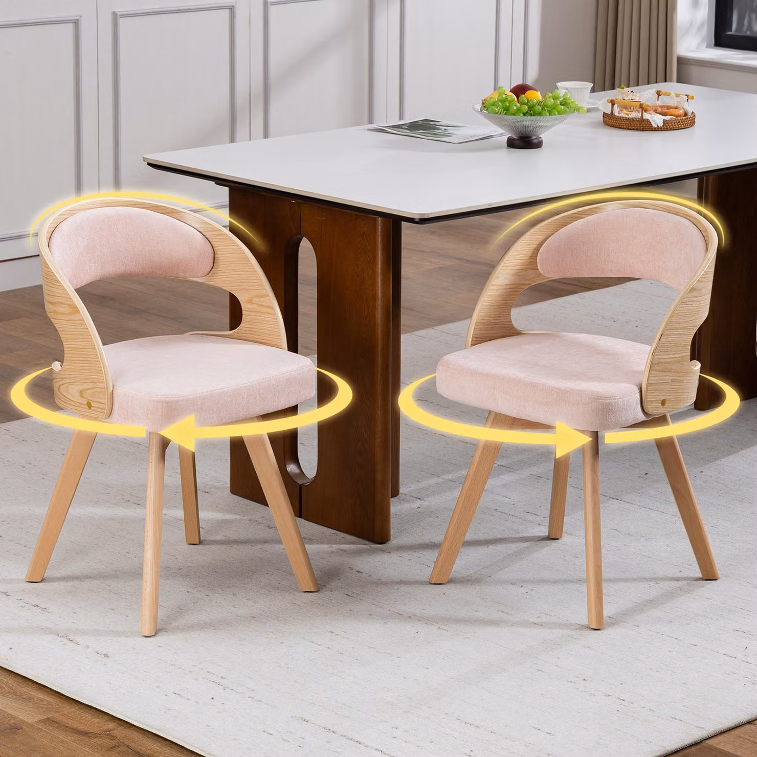 LVHOM Set da 2 sedie da pranzo girevoli a 360°, sedia imbottita in stile scandinavo con gambe in legno di faggio, sedia da cucina ergonomica, rosa