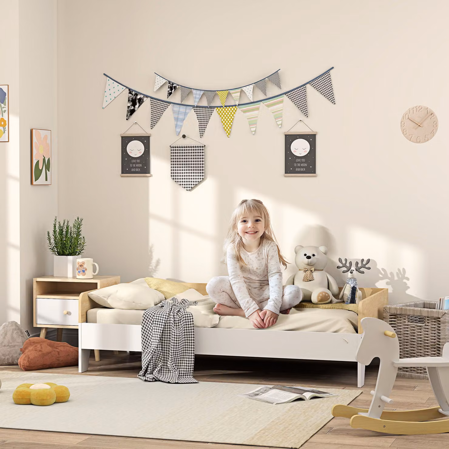 Letto per bambini AIYAPLAY con pannelli laterali alti, bianco, L: 143,5 cm, P: 74 cm – 2