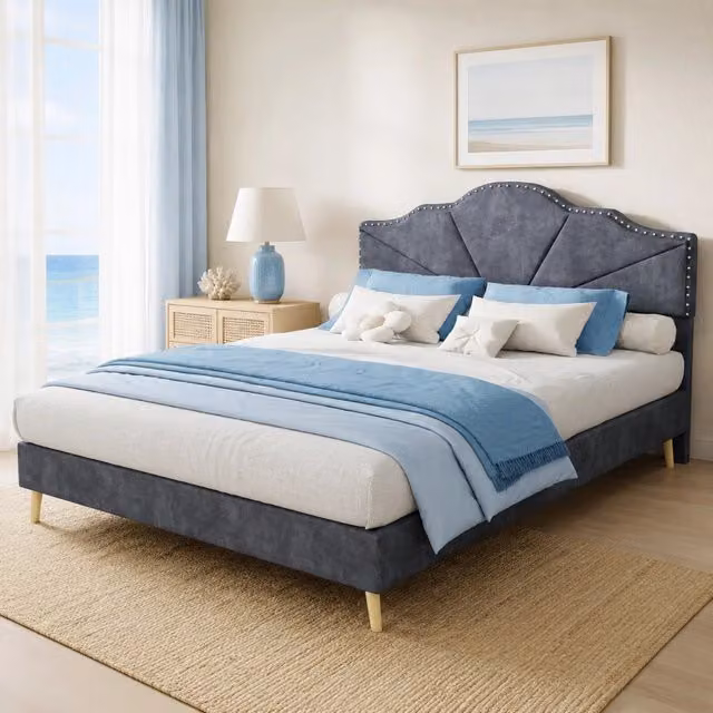 Letto matrimoniale 140x200 cm grigio con testiera geometrica e struttura a doghe