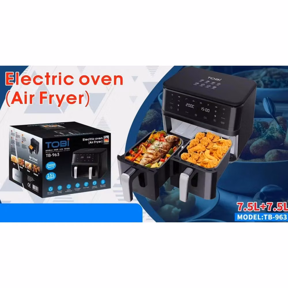 Friggitrice ad aria Trade Shop Traesio TB-963 con doppio cestello indipendente da 15 litri, 2400W, display LED touch e 8 programmi, colore nero – 2