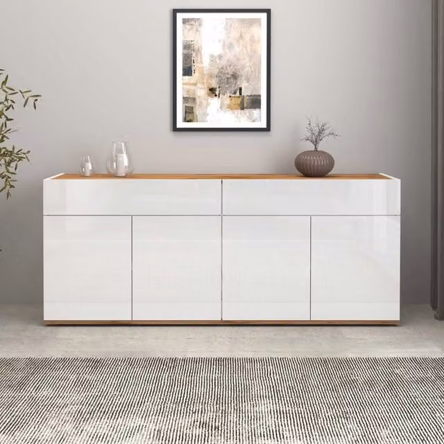 WHOUS Credenza Garda 4 ante e 2 cassetti bianco lucido e rovere 160,1x35x70 cm