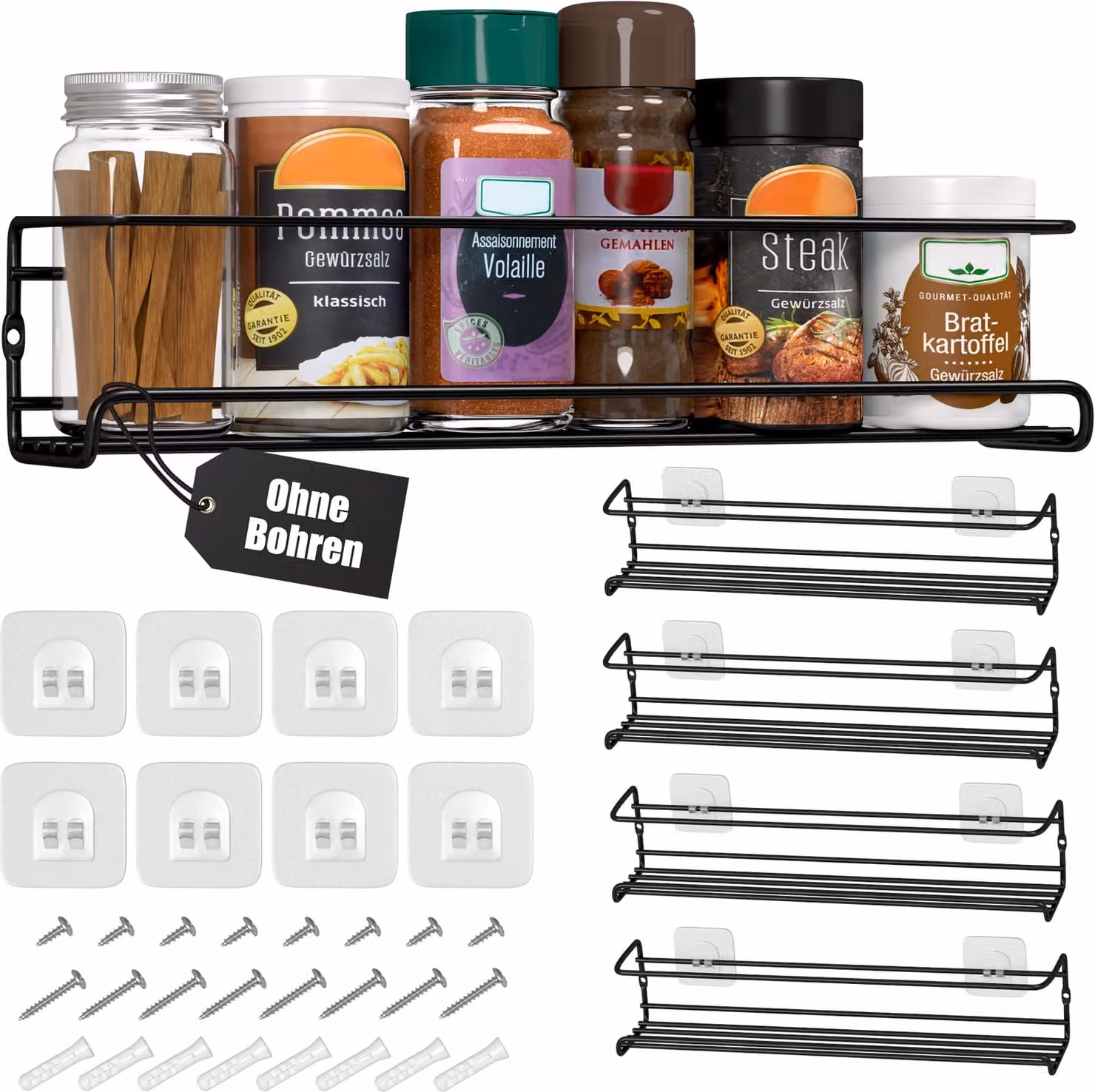 Set di 4 - Scaffali in metallo per spezie Deco Haus - Scaffali da cucina, scaffali per armadi, organizer per spezie, 29 x 6,35 x 5 cm - (Nero)