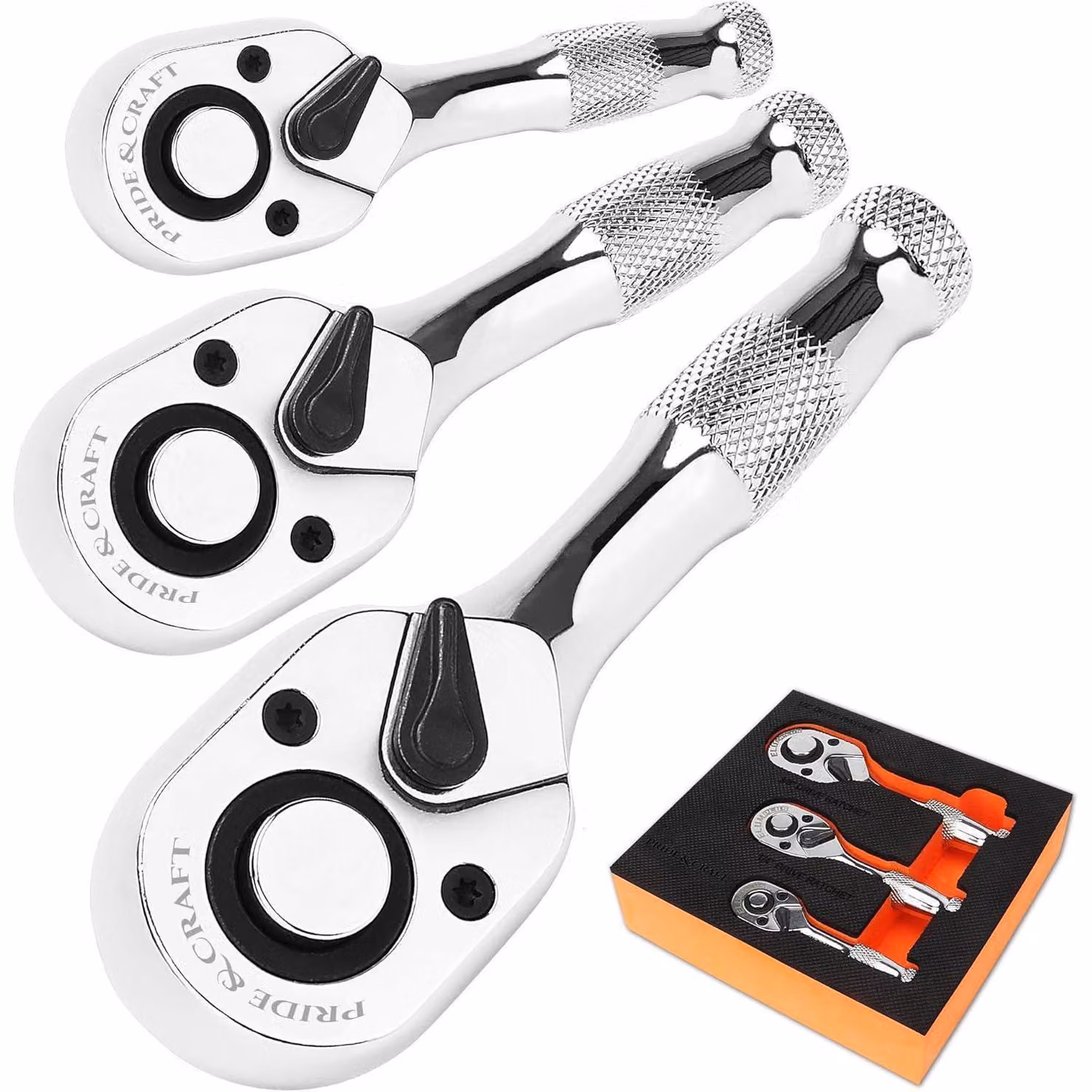 Set di chiavi a bussola a cricchetto, 3 pezzi, 1/4", 3/8", 1/2", 72 denti, con meccanismo a sgancio rapido, in acciaio cromo-vanadio