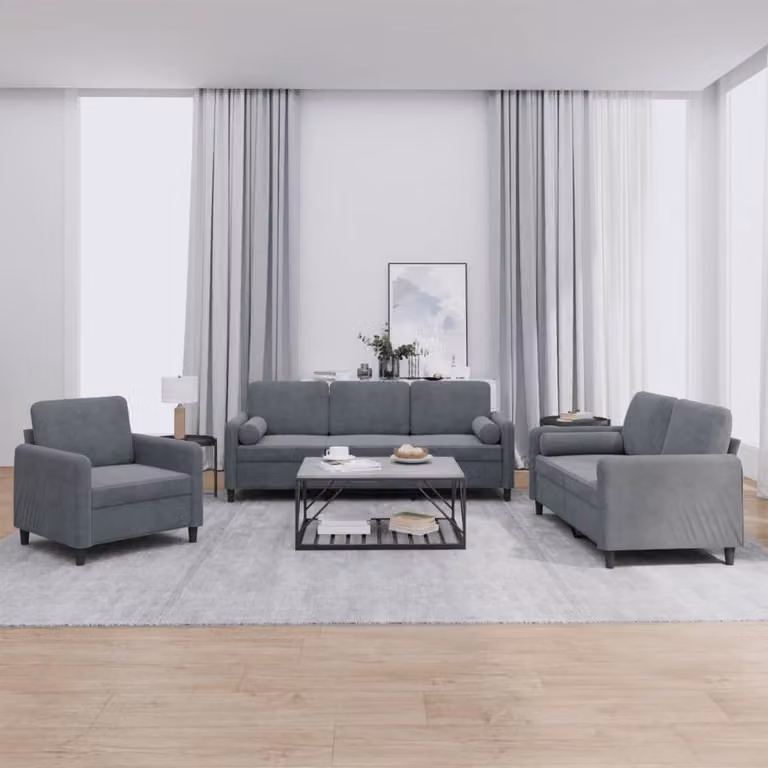 Set di divani 3 pezzi vidaXL in velluto grigio con cuscini per soggiorno moderno