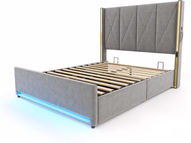 Letto matrimoniale moderno Aosom Italy in velluto grigio con testiera imbottita e trapuntata, base contenitore a sollevamento, L/P: 90 x 200 cm – 1