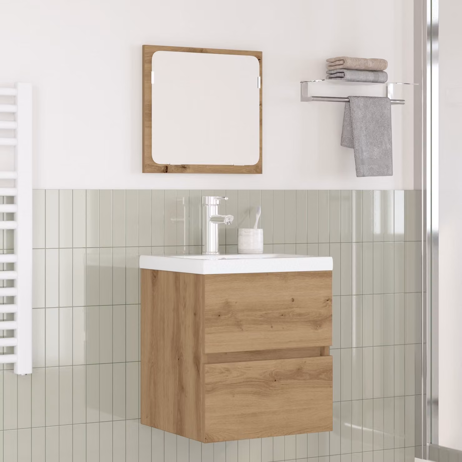 Set di mobili per il bagno moderno vidaXL composto da mobile lavabo e pensile con specchio in rovere e bianco
