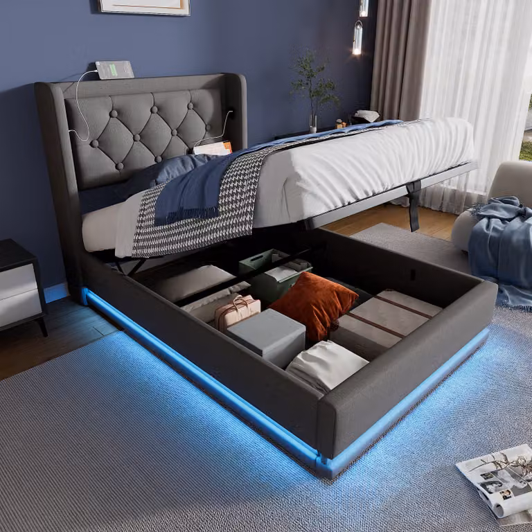 MODFU Letto a baule idraulico 90x200 - Letto singolo con ricarica USB Type-C - Cotone - Senza materasso - Grigio
