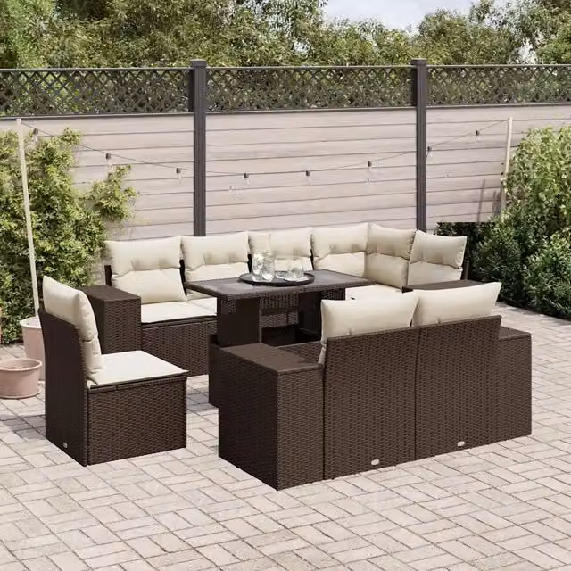 Set Divani da Giardino 9pz con Cuscini Marrone in Polyrattan 3269303